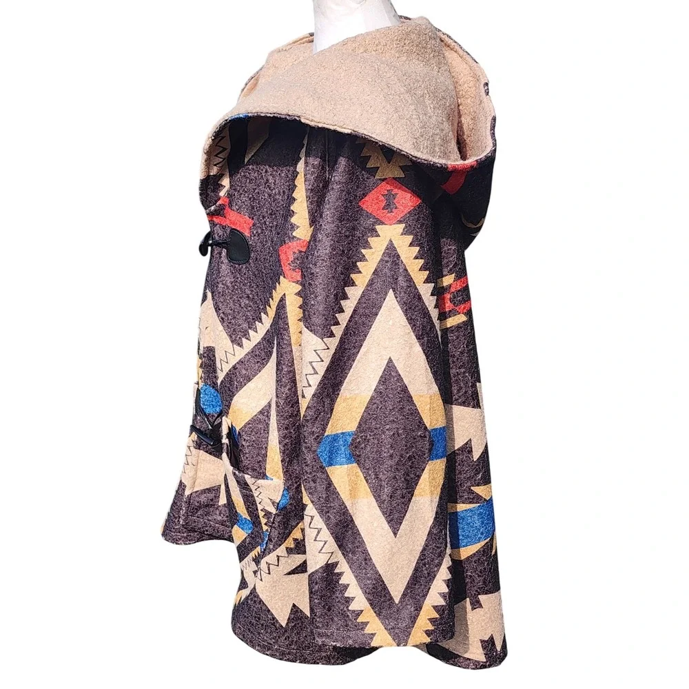 Vintage Indigo Thread Co Aztec Hooded Toggle Coat Sized L Sherpa Lined Rustic
